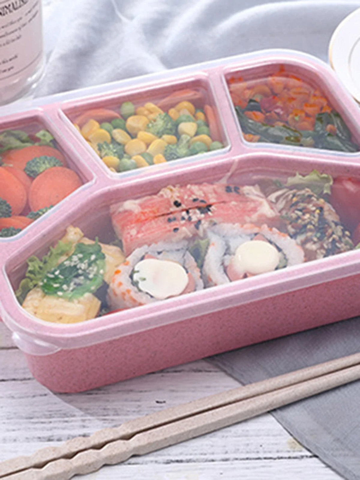 Microwaveable 4-Compartment Bento Box – Japanese Style Square Lunch Container Made from Wheat Straw for Office &amp; School (Blue)
