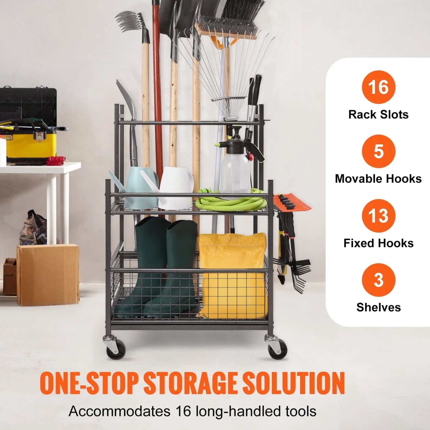 Garden Tool Organizer 16-Slot with Wheels Hooks for Garage Storage