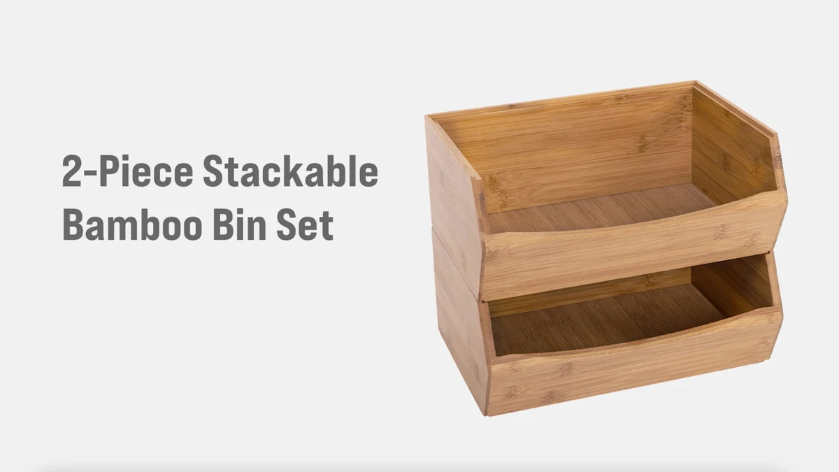 Bamboo Wood Storage Bins 2 Pack Stackable Organizer Boxes