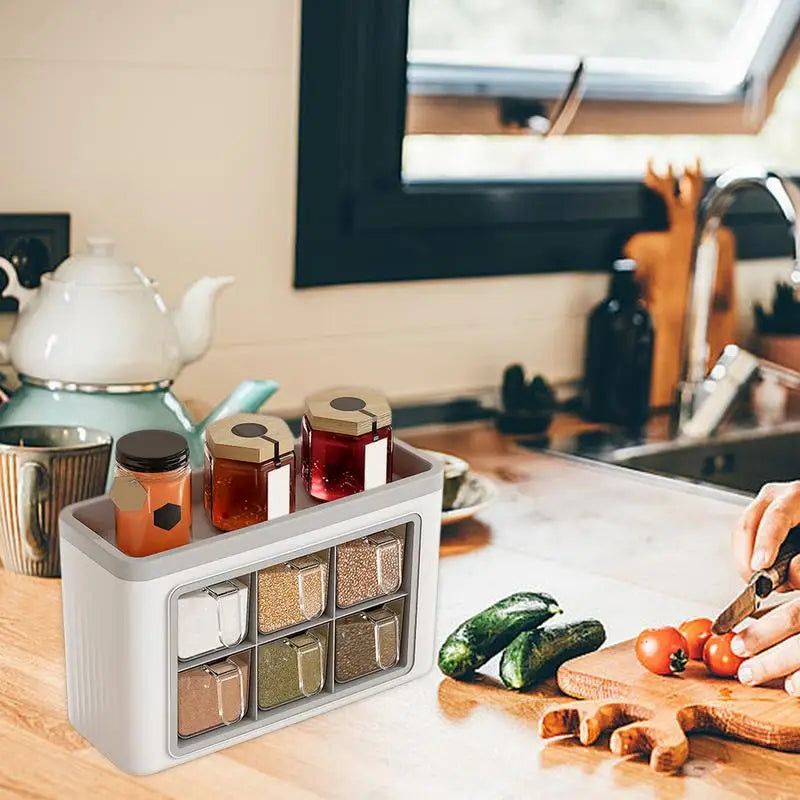 Adhesive Wall Mounted Condiment Jar Set Seasoning Storage Box Organizer for Home Kitchen