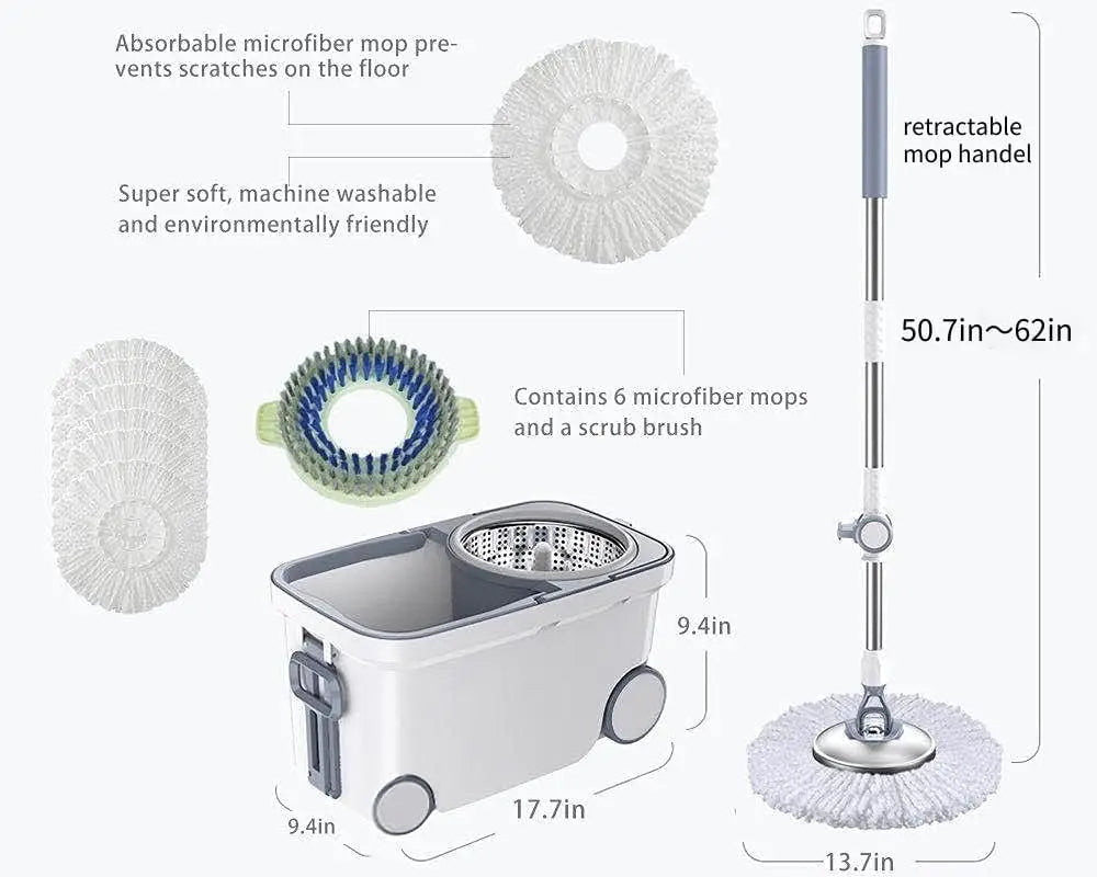 Deluxe 360 Spin Mop and Bucket System with 4 Wheels – 62" Extra Long Stainless Steel Handle 6 Replacement Microfiber Heads Cleaning Kit