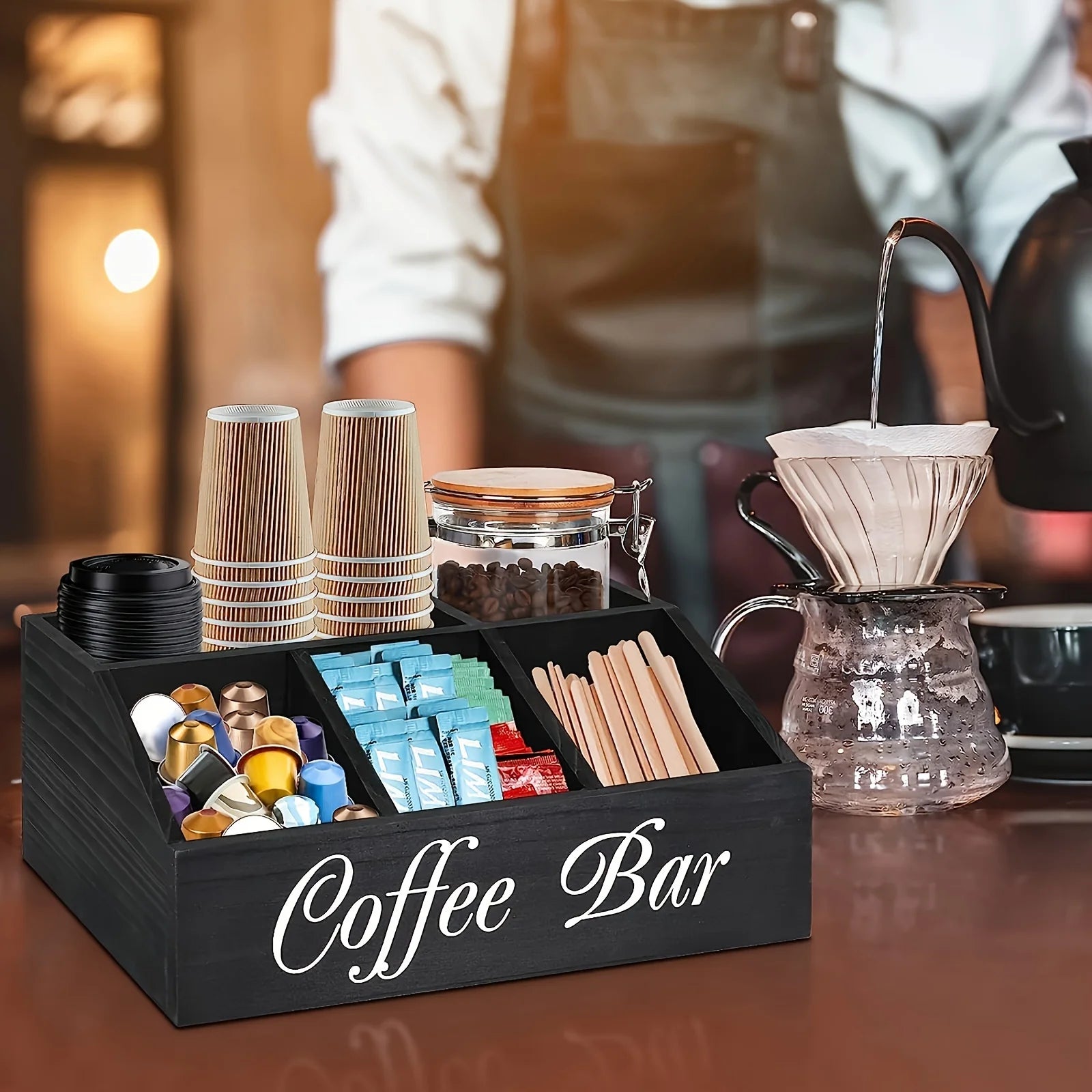 Rustic Wooden Coffee Bar Organizer