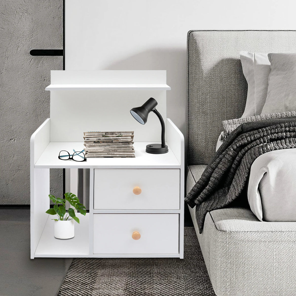 Elegant Nightstand with 2 Drawers and Cabinet Large Storage End Table Organizer