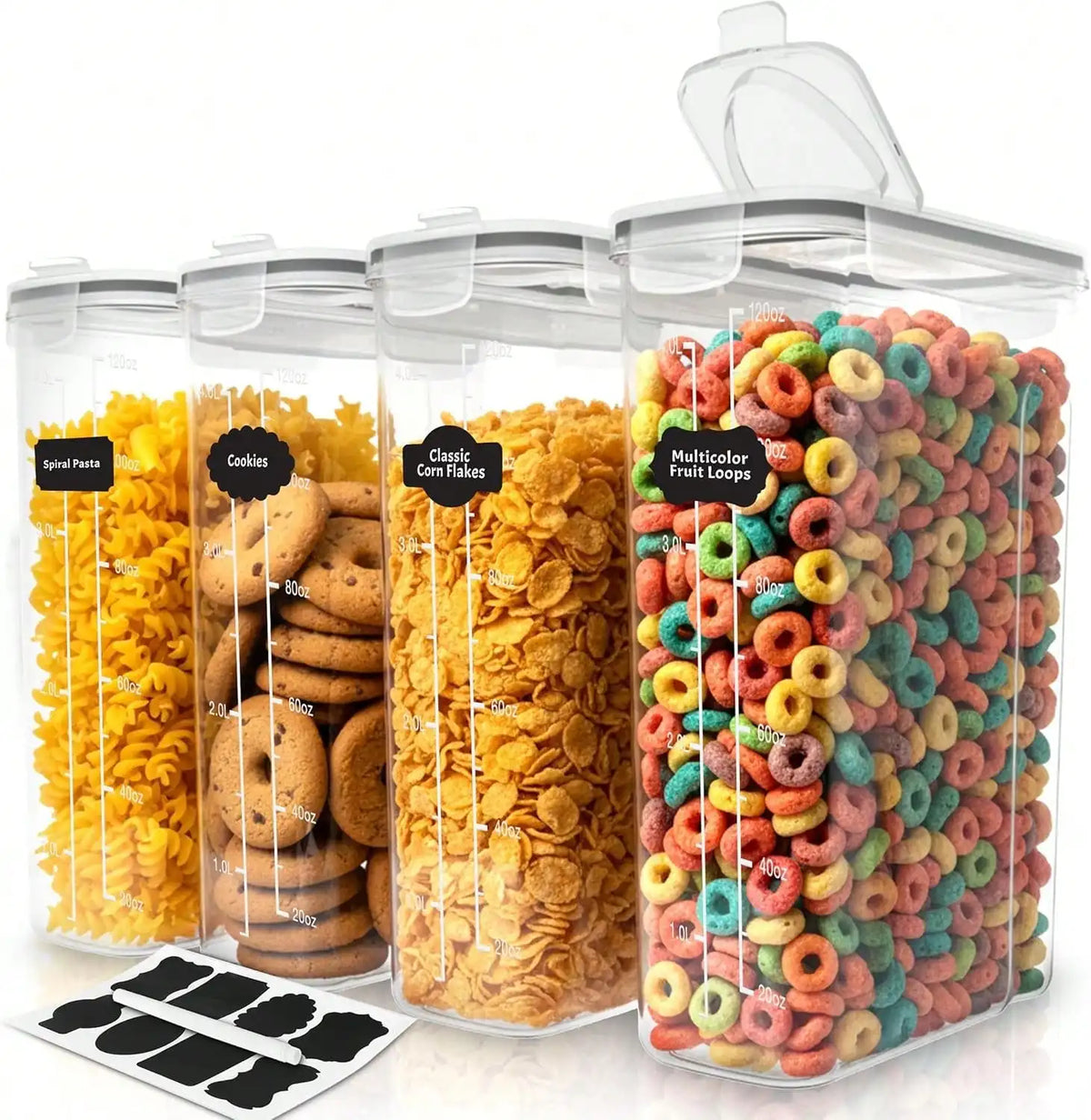 4-Pack 120oz Airtight Food Storage Containers with Lids, Leak-Proof Plastic Pantry Canisters for Cereal, Flour, Sugar &amp; Dry Goods, Labels &amp; Marker Included