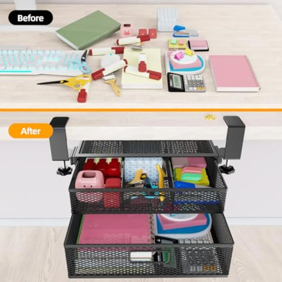 Under Desk Drawer Organizer No Drilling – 2 Slide Out Drawer Clamp-On Storage for Under Desk Management