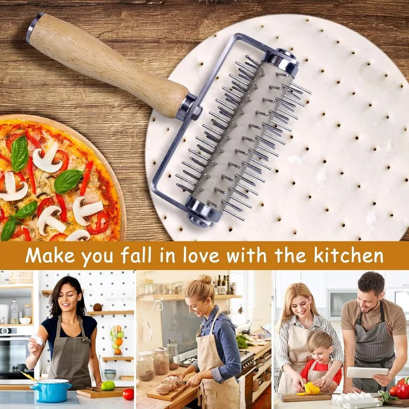 Stainless Steel Pizza Dough Docker Roller with Handle – Spiked Dough Piercer for Pizza, Pastry, Cookies &amp; Bread Baking