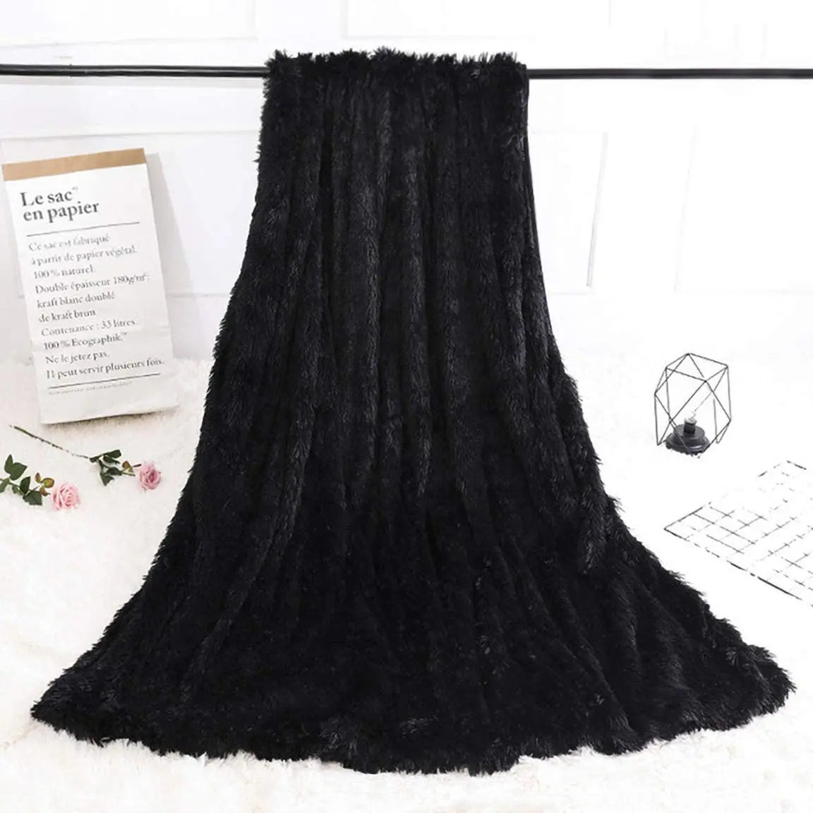 Thickened Fluffy Winter Bedspread &amp; Sofa Throw (Black)