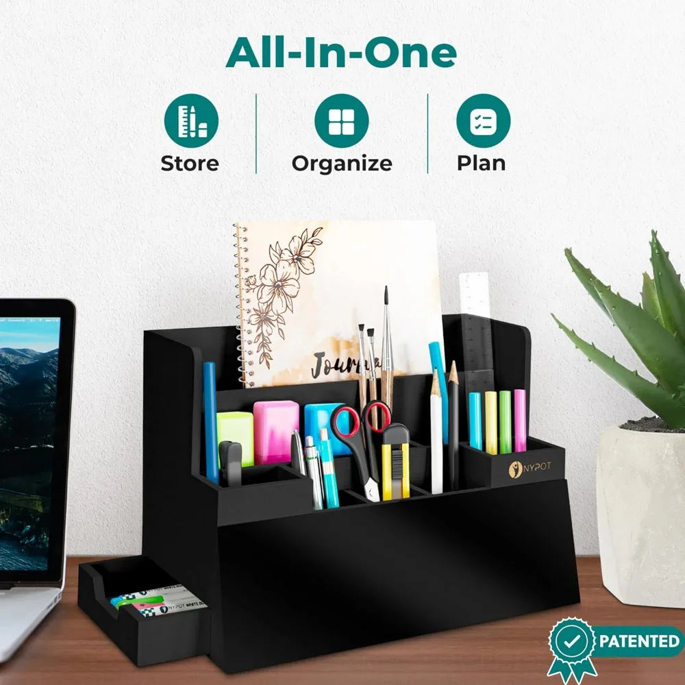 Multifunctional Desk Organizer Wood Desktop Storage with Drawers (Black)