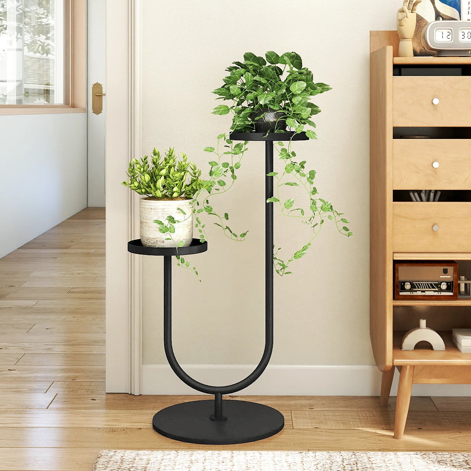 Modern Metal Plant Stand Indoor U-Shaped Black Planter Holder for 2 Pots