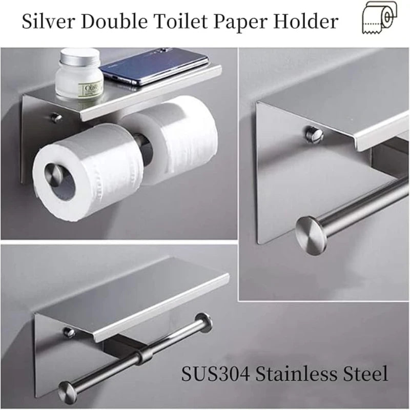 Wall Mount Double Roll Toilet Paper Holder with Shelf (Silver)