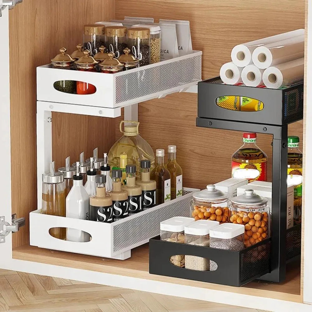 2-Tier Pull Out Cabinet Shelf Height Adjustable Under Sink Organizer (Black)