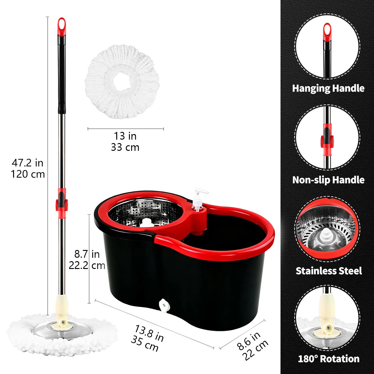 Microfiber Spin Mop and Bucket with Wringer, 360° Rotating Cleaning Mop with 47" Extended Handle