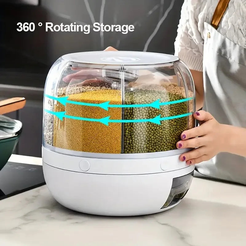 360° Rotating Grain Dispenser – 6-Grid Airtight Cereal &amp; Rice Storage Container