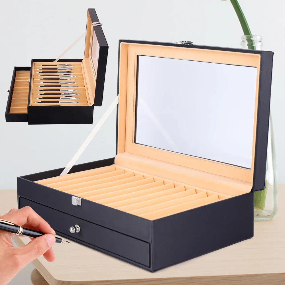 Leather Fountain Pen Display Case 24-Slot with Flannel Drawer