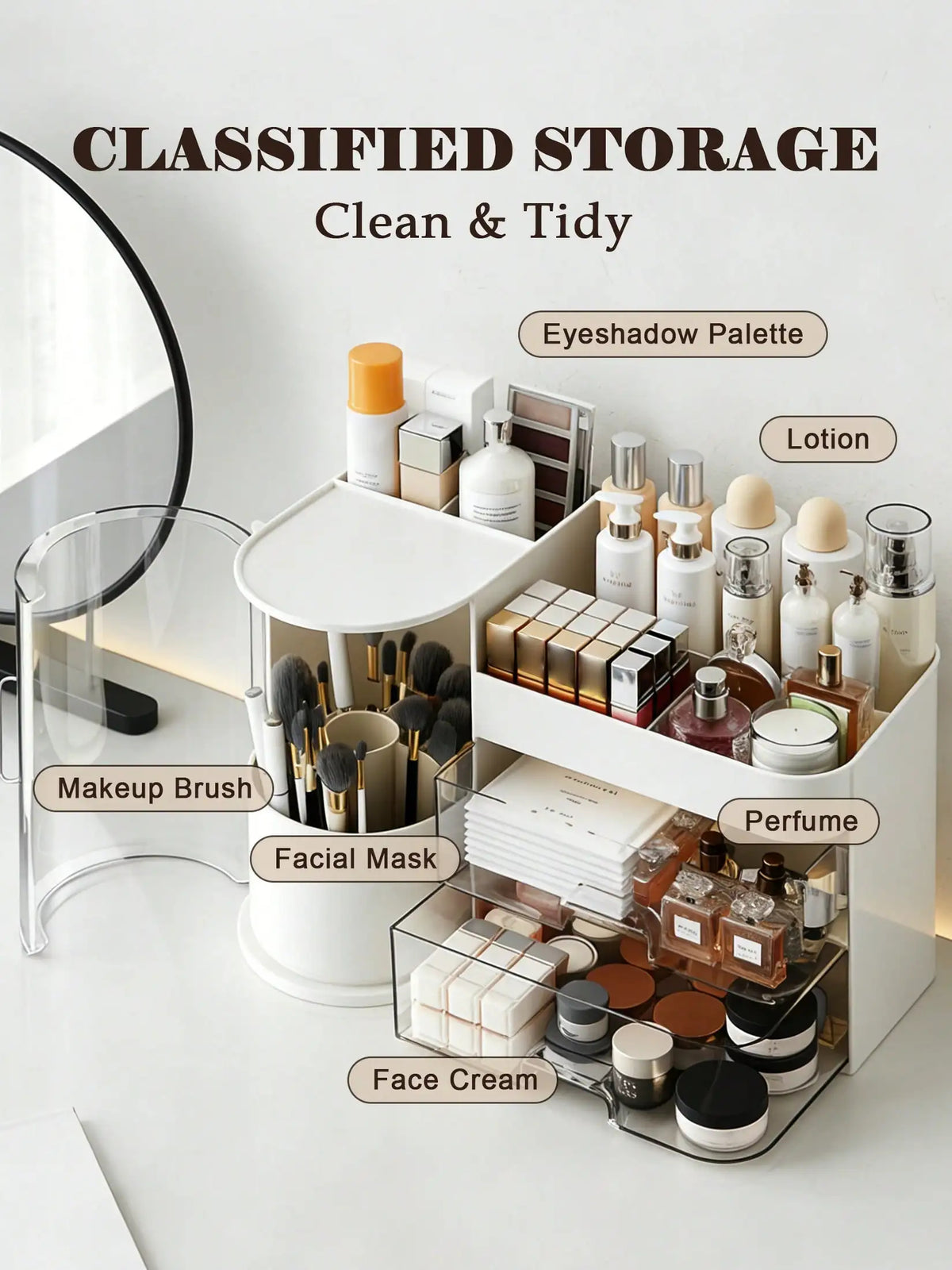 2-Tier Rotating Makeup Organizer with Brush Holder – Large-Capacity Skincare and Cosmetic Storage