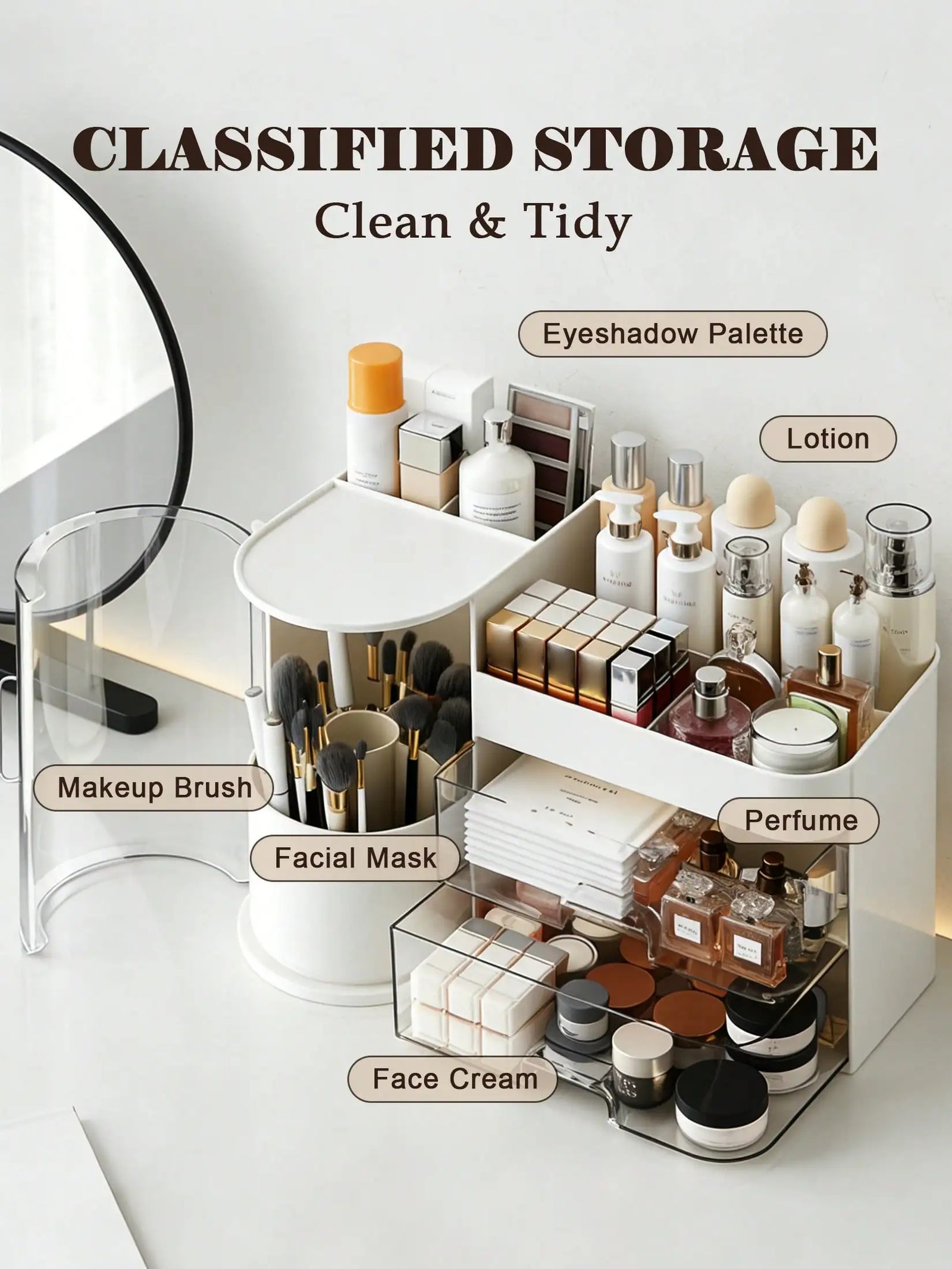 2-Tier Rotating Makeup Organizer with Brush Holder – Large-Capacity Skincare and Cosmetic Storage
