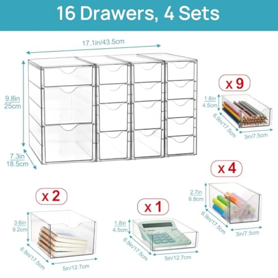 16-Drawer Clear Acrylic Organizer (4-Piece Set) Desk Storage Solution for Office Supplies, Makeup, and Jewelry Organization