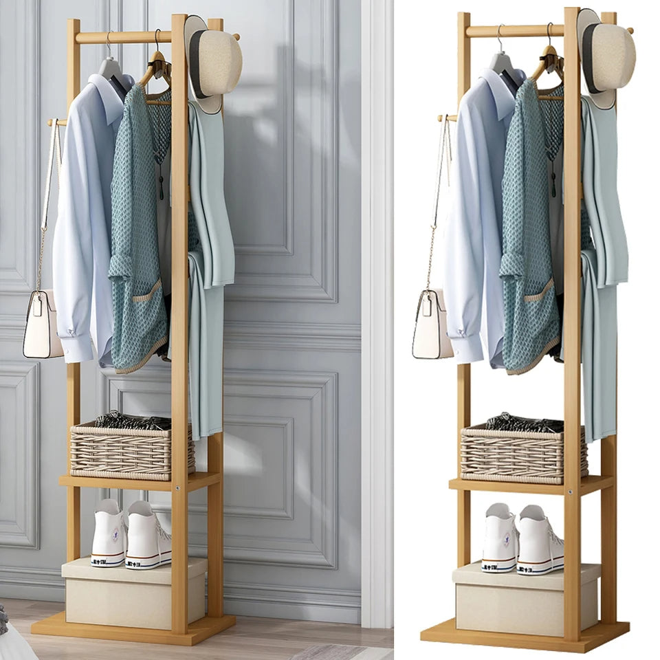 Bamboo Garment Rack with Shoe Shelf Hooks Wooden Coat Stand