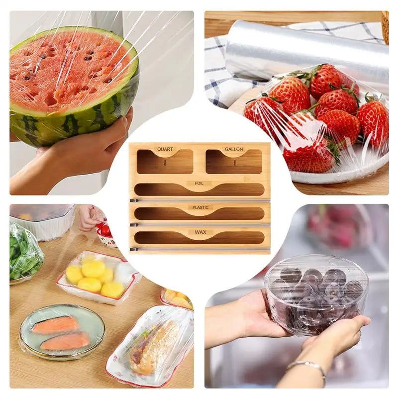 Bamboo Kitchen Storage Box with Film Cutter Bag Dispenser