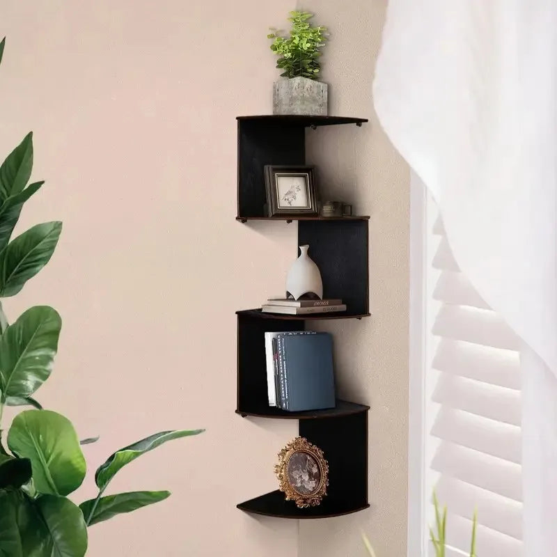 5-Tier Corner Shelf Wall Mount Organizer – Floating Zig-Zag Storage Rack (Black)