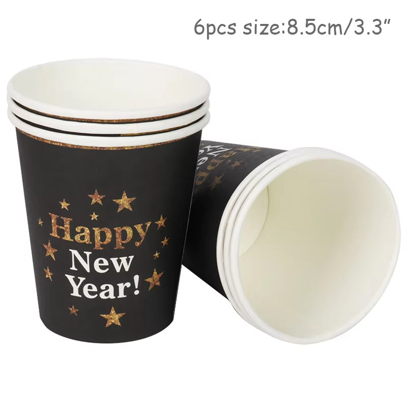 2025 Happy New Year Decoration Gold Black Disposable Cups, 6 Pieces (Cups Only)