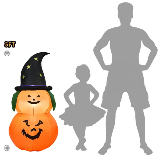 5FT Inflatable Halloween Pumpkin Decoration w/ LED Light Witch Hat