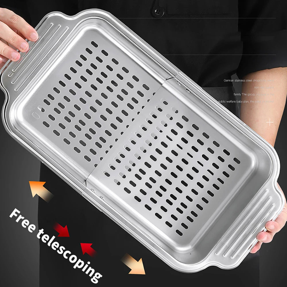 Sink Drain Basket Dish Drying Rack Stainless Steel, Sink Organizer Extendable Over the Sink Colander Strainer