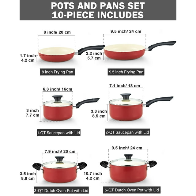 Set of 10 Ceramic Kitchen Cookware Pots and Pans Set Nonstick with Lids, Red