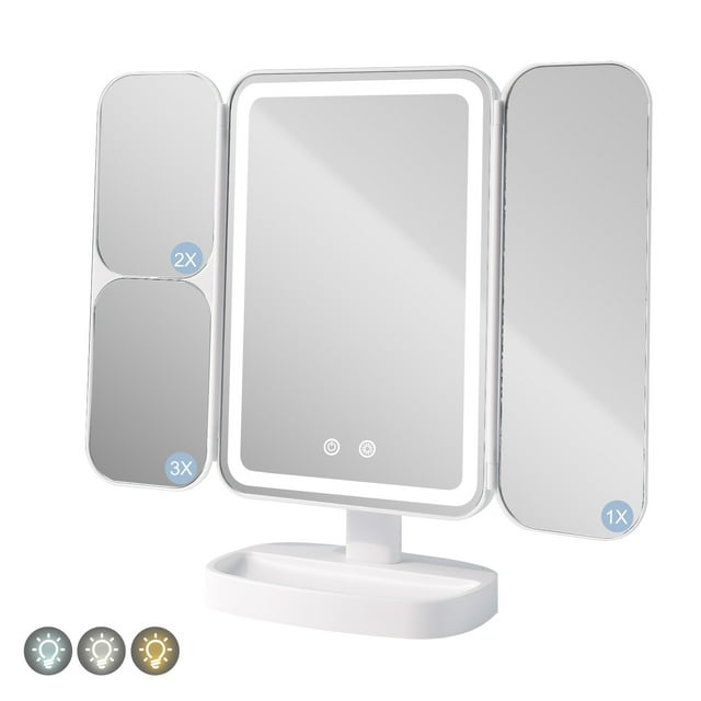 Magnification Portable Cosmetic Mirror Tri-fold Travel Vanity Makeup Mirror with 80 LED Lights, White