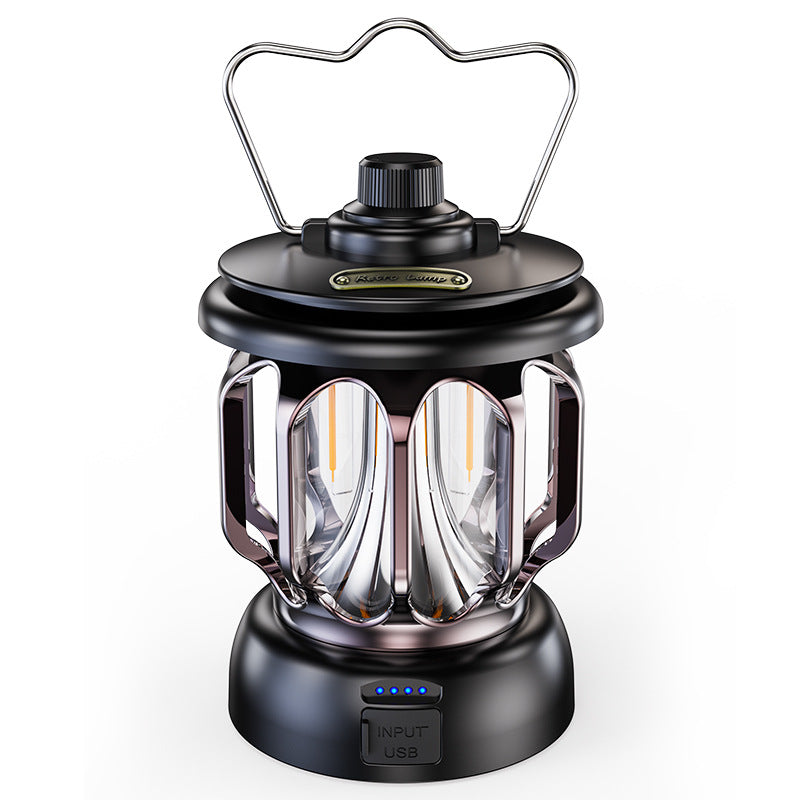 LED Retro Outdoor Camping Lamp Waterproof Rechargeable Portable Camping Lantern (Black)