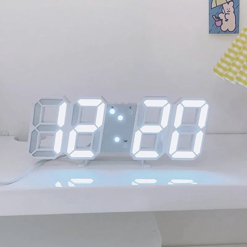 3D LED Digital Wall Clock Desk Alarm Clock with Remote Control, 9.7" LED Night Light Decor Clock, White