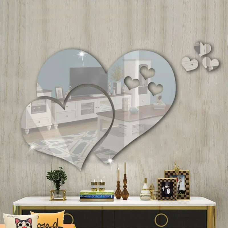 3D Mirror Wall Sticker DIY Love Heart Acrylic Wall Stickers Living Room Home Decoration (Silver)