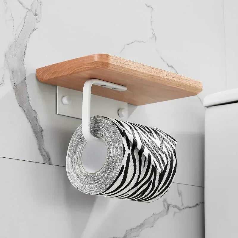 Wooden Wall Mount Toilet Paper Organizer Hand Towel Roll Shelf (White)