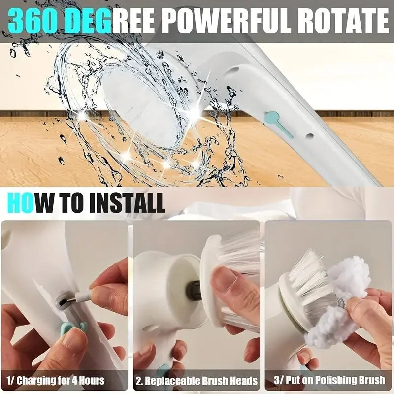 Rechargeable 5-in-1 Cordless Power Scrubber LED Light Multi-Surface Cleaning Brush