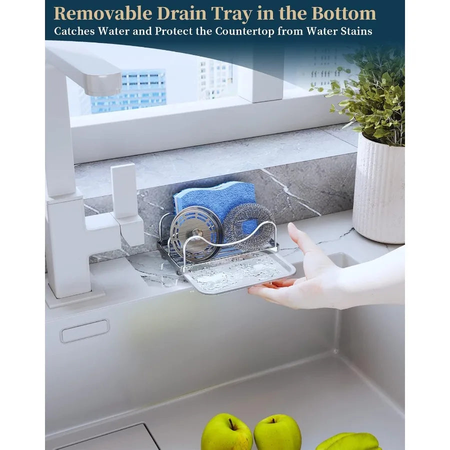 Movable Sink Caddy Organizer – 304 Stainless Steel Sponge Holder for Kitchen Countertop with Detachable Drip Tray