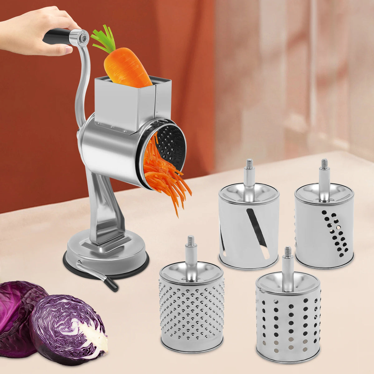 Rotary Grater with 5 Blades Stainless Steel – Manual Drum Grinder Vegetable Slicer