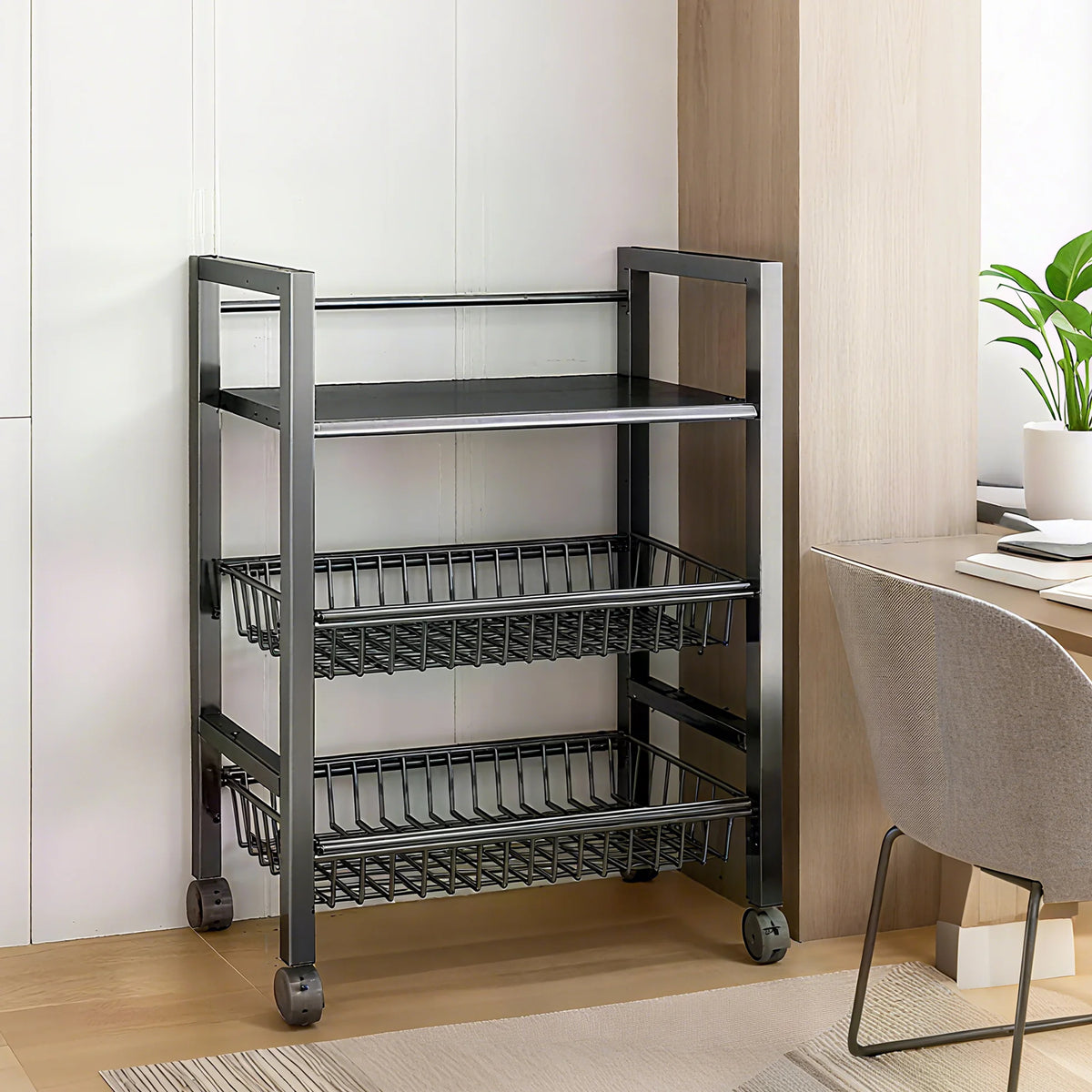 3-Tier Kitchen Storage Rack – Adjustable Utility Trolley with 2 Wire Baskets