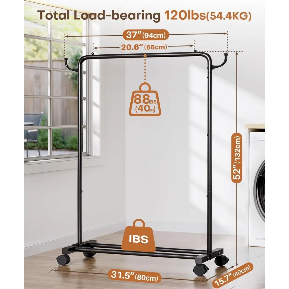 Rolling Clothes Rack with Hooks – Standing Garment Storage Hanging Rod Organizer