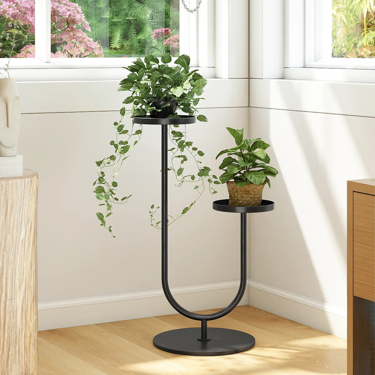 Modern Metal Plant Stand Indoor U-Shaped Black Planter Holder for 2 Pots