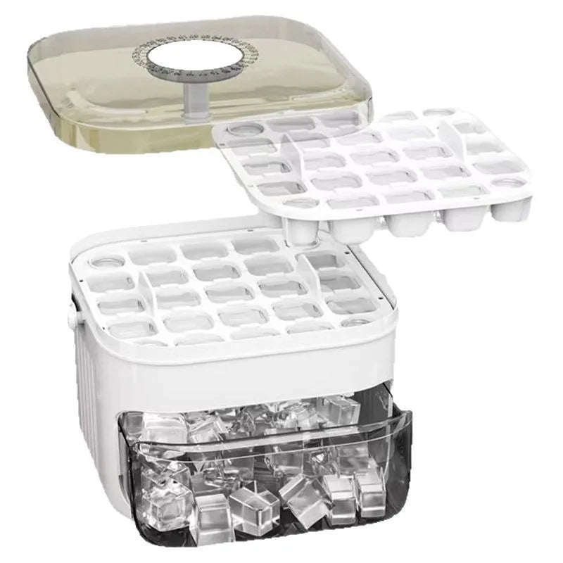 Press Ice Tray with Ice Cube Mold &amp; Storage Box – Large Capacity Ice Maker Tool (Ivory White)