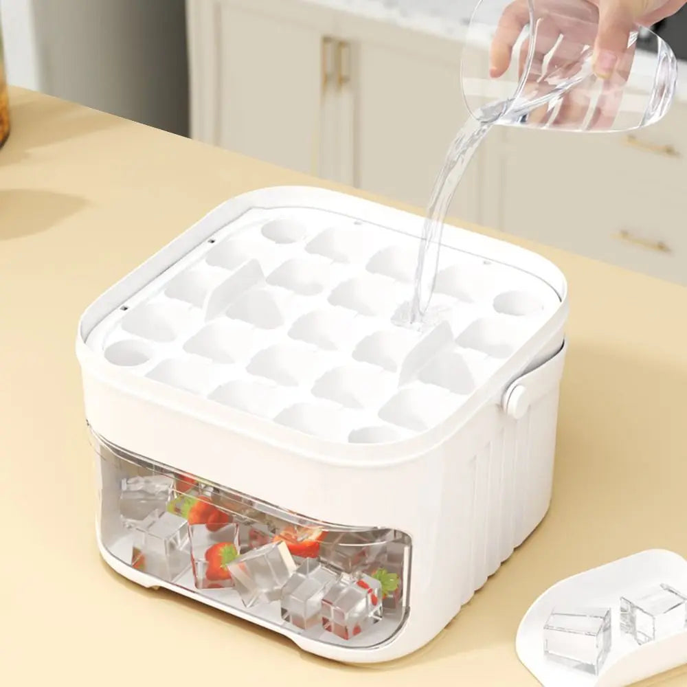 50-Cube Ice Cube Tray with Storage Bin, Double-Layer Ice Maker with Easy-Press Lid (White)