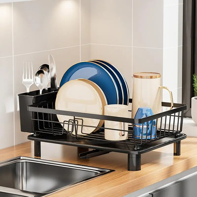 Dish Drainer Rack with Cutlery Cup Holders (White)