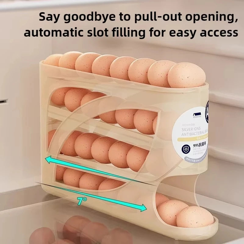 4-Tier Sliding Egg Dispenser – Automatic Rolling, Shatterproof Refrigerator Storage Rack for Space-Saving Kitchen Organization