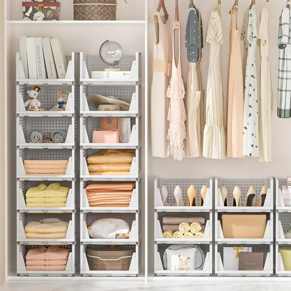 4-Pack Stackable Closet Storage Drawers 4L Clear Plastic Open Bins – Wardrobe Organizer for Clothes, Shoes &amp; Accessories