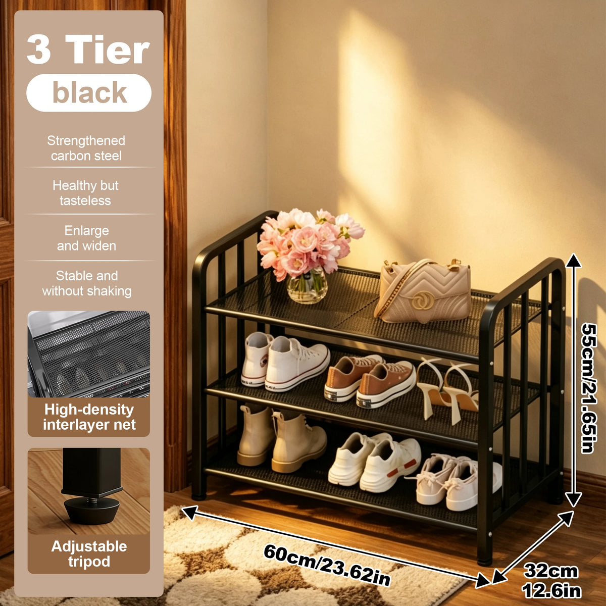 3-Tier Carbon Steel Shoe Rack – Freestanding Shoe Storage Organizer &amp; Space-Saving Shelf for Entryway