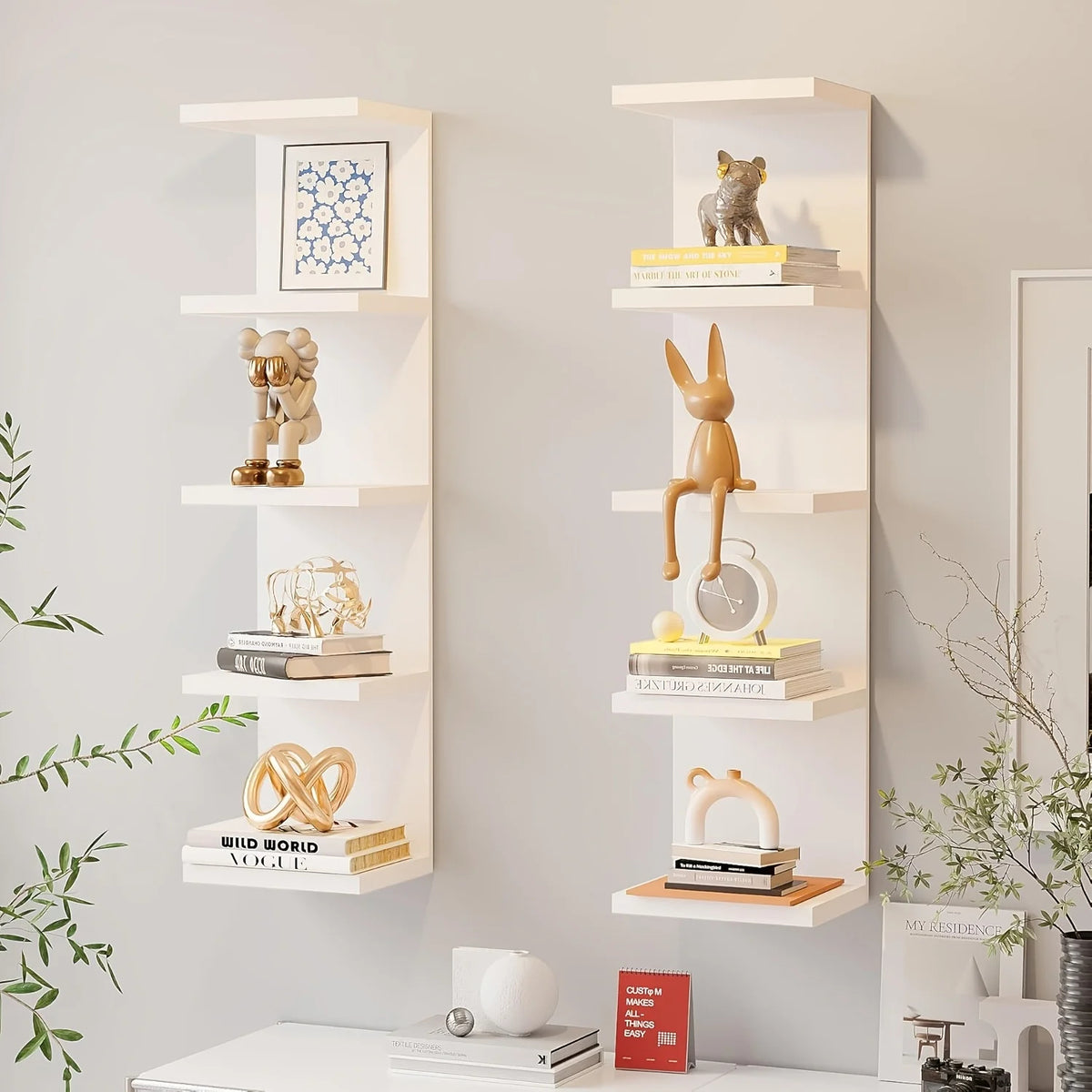 5-Tier Wall Mounted Storage Rack, 31.5-Inch Tall Floating Wall Shelf, Space-Saving Decorative Display Organizer for Bedroom, Living Room &amp; Home (White)