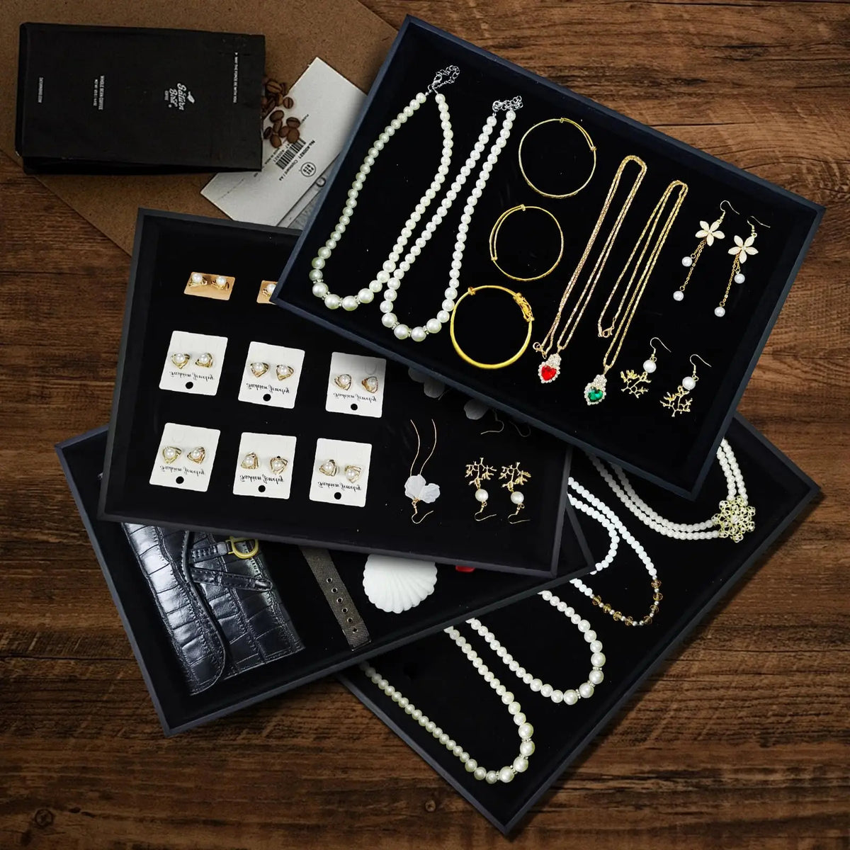 Stackable Velvet Jewelry Tray 2-Pack Display Organizer (Black)