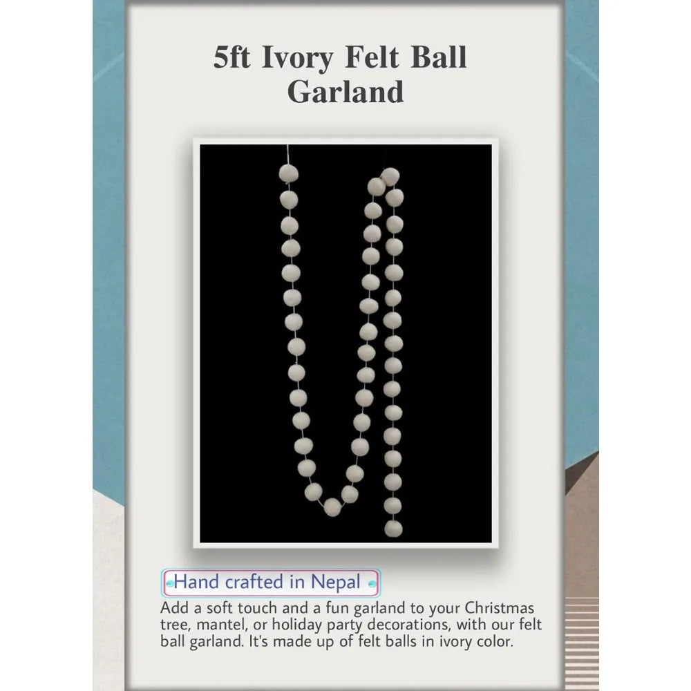 60&quot; Handcrafted Hanging Ivory Wool Felt Pom Pom Garland