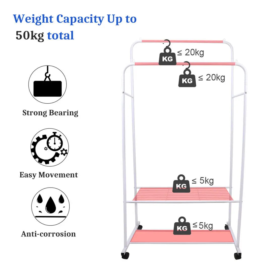 Rolling Clothes Rack Heavy Duty Metal 360° Wheels Coat Hanger Stand (White)