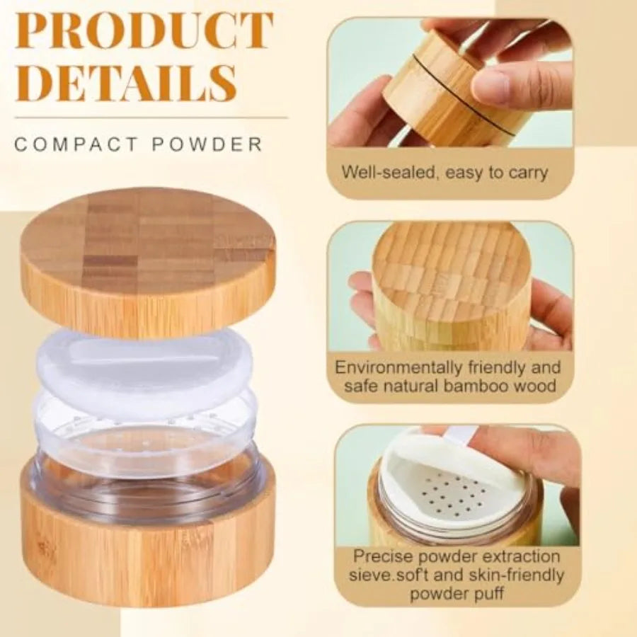 Refillable Loose Powder Container with Puff 30ml Portable Bamboo Makeup Powder Jar with Sifter, Empty Cosmetic Powder Storage Case for DIY Travel &amp; Beauty